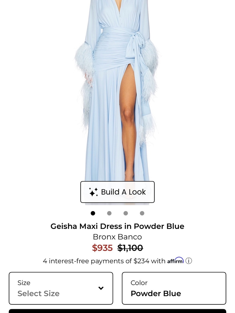 Bronx and Banco Powder Blue Feather-Trim Maxi Dress